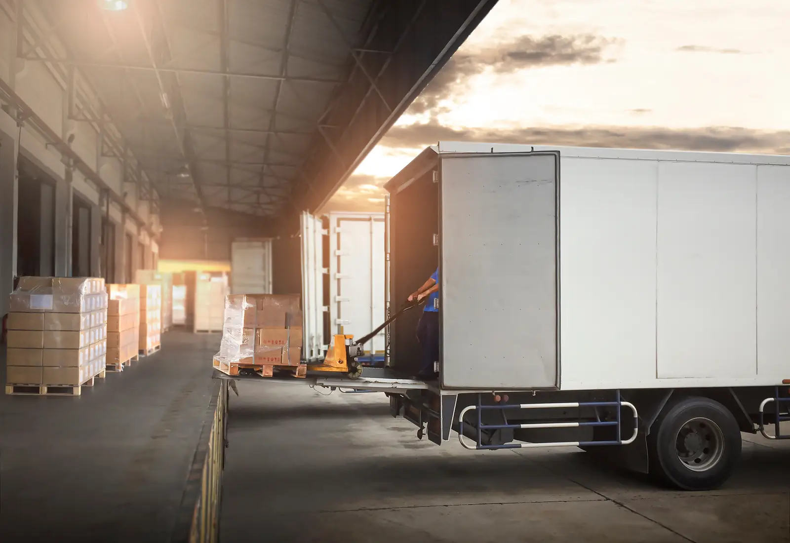 A box truck at a loading dock with freight staged nearby.