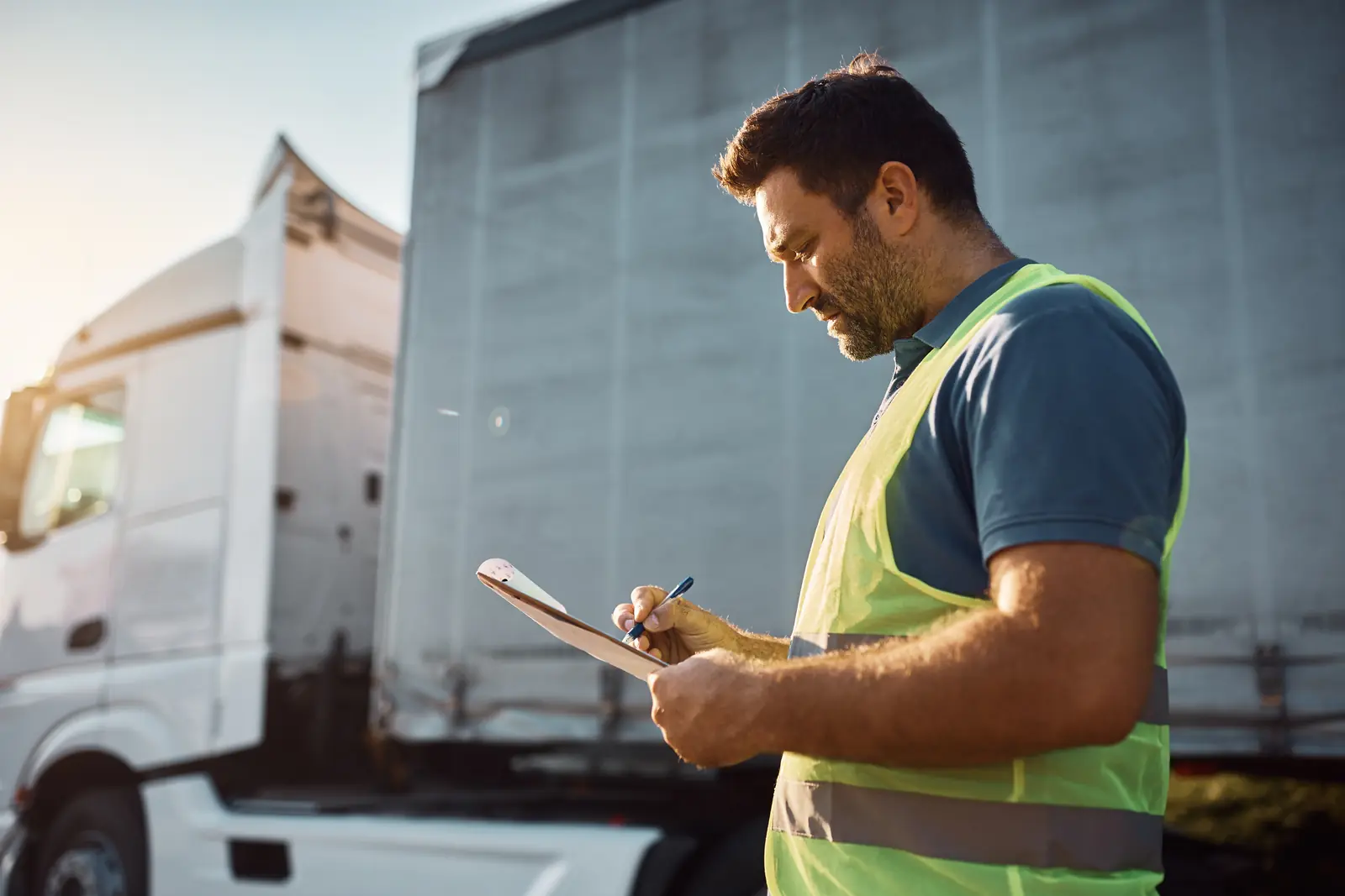 A contractor reviews notes on a clipboard beside a white box truck.
